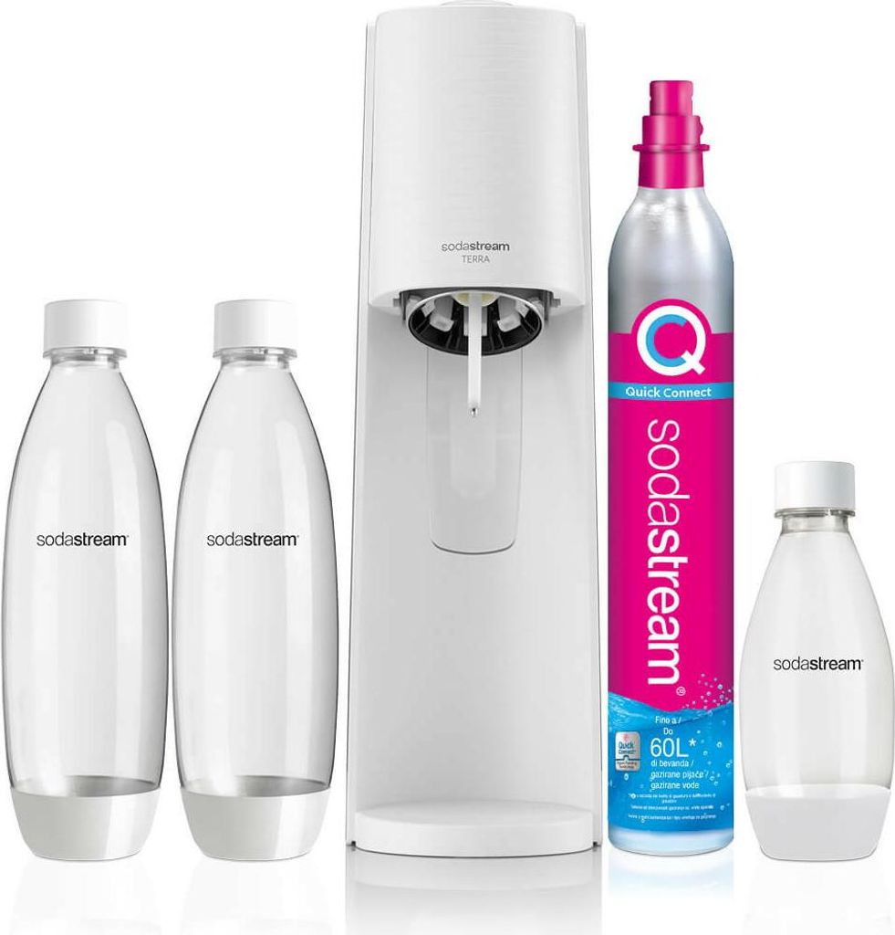 A SodaStream Terra soda maker with two bottles and a CO2 cylinder are displayed against a white background.