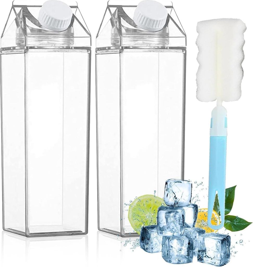 Transparente Milchbox Wasserflasche Set von 2 wiederverwendbar mit Reinigungsbürste - 1 Liter