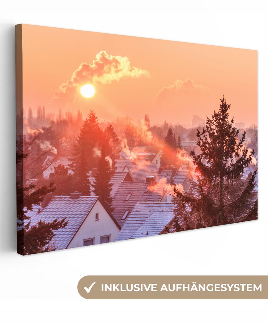 OneMillionCanvasses - Leinwandbilder - 140x90 cm, Morgenrot über einer Stadt in Hannover, Wandbilder Kunstdruck Wanddekoration - Foto auf Leinwa...
