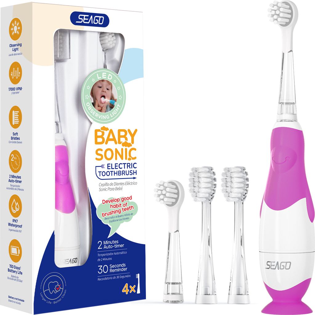 Youha - Elektrische Zahnbürste für Baby & Kind - IPX7 wasserdicht - Inklusive 5 Aufsteckbürsten und LED-Licht - Für 0-48 Monate - Farbe: Lila