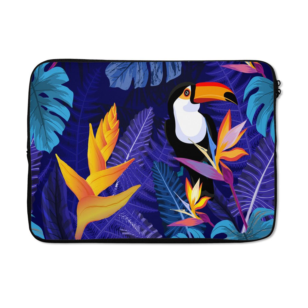 MuchoWow Laptop Hülle 14 ZollDschungel - Tukan - Blumen - Pflanzen - Kinder - Lila - Tiere Laptoptasche - Laptoptasche - Stoßsicher - Schutzhaube