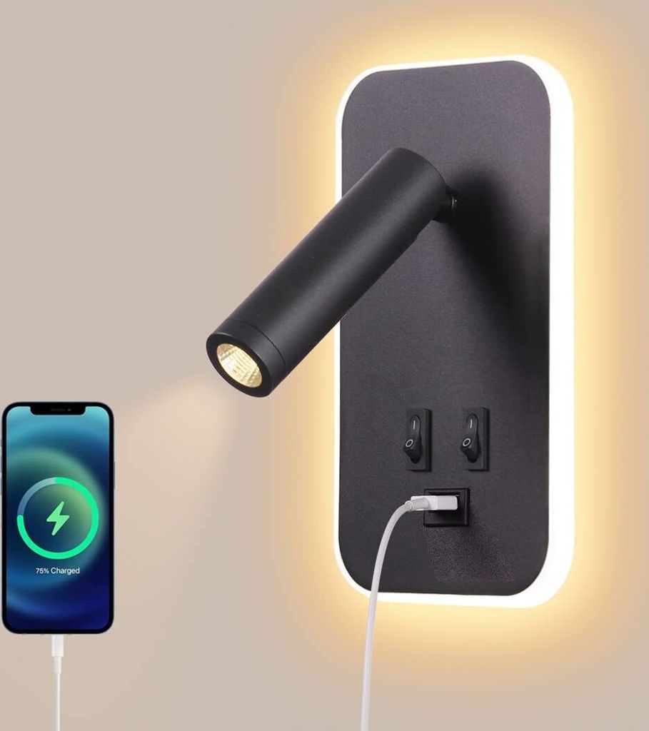 Wandleuchten, LED Wandlampe mit Schalter, 3W+9W, Wandleuchte Innen mit USB-Aufladung, Drehbar und Schwenkbar Wandbeleuchtung Bettlampe, Schwarz