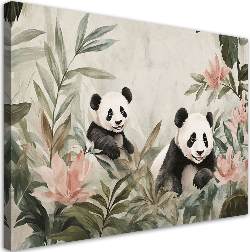 Leinwandbild für Kinderzimmer Teddybären Pandas in Blumen 120x80 Feeby Grün bild für die wand bereit zum aufhängen