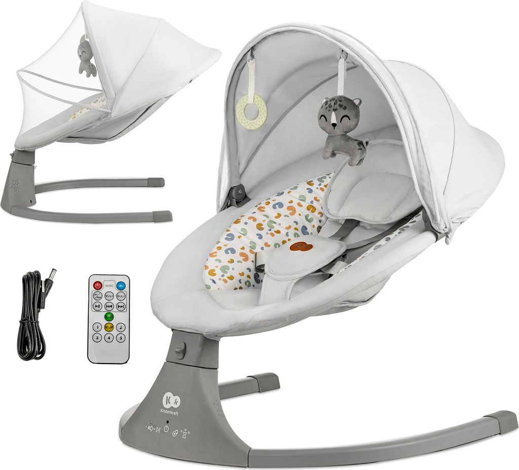 A baby bouncer and its accessories are displayed against a white background.