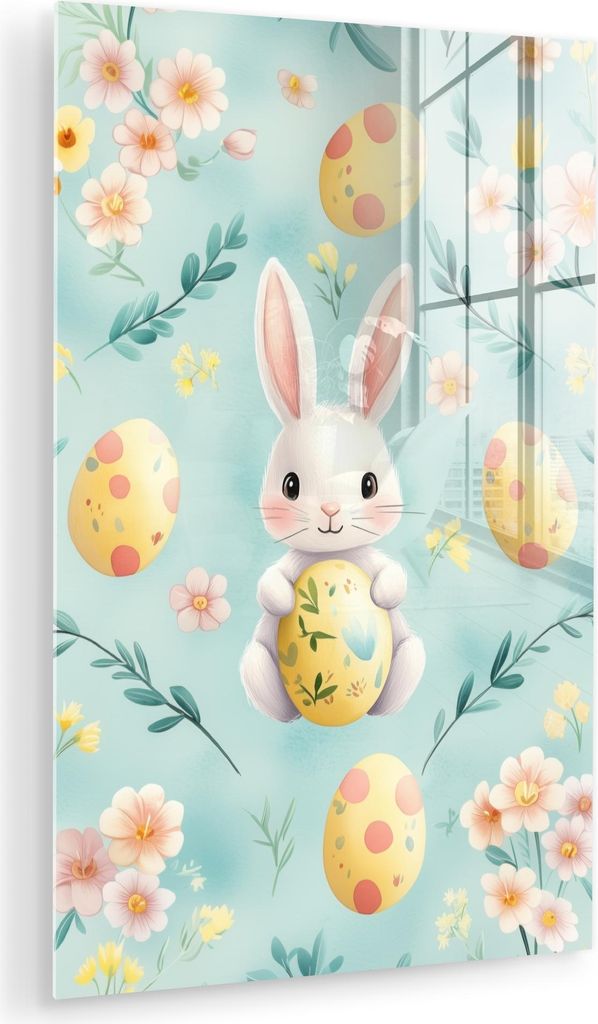 MuchoWow Glasbilder - Bilder auf Wandbild - Foto auf Glas Kaninchen - Eier - Äste 60x90 cm Wanddekoration aus Glas - Acrylglasbild - Acrylbilder -...