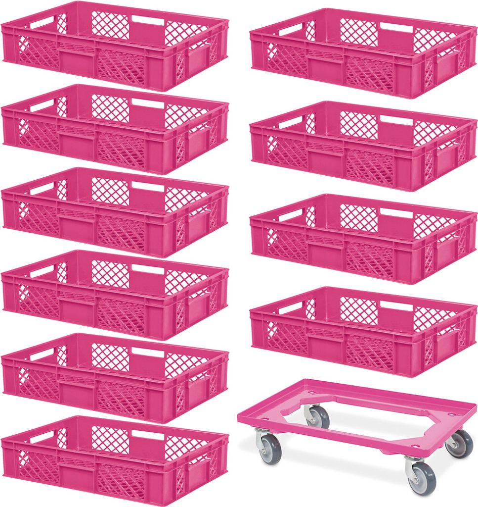 10 Eurobehälter, LxBxH 600x400x150 mm, lebensmittelecht + 1 Transportroller, pink