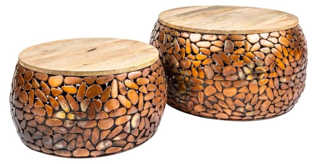 Nesting Couchtische GALEA aus massivem Mangoholz und Bronze-Aluminium - Dekoratives Kieselsteinmuster