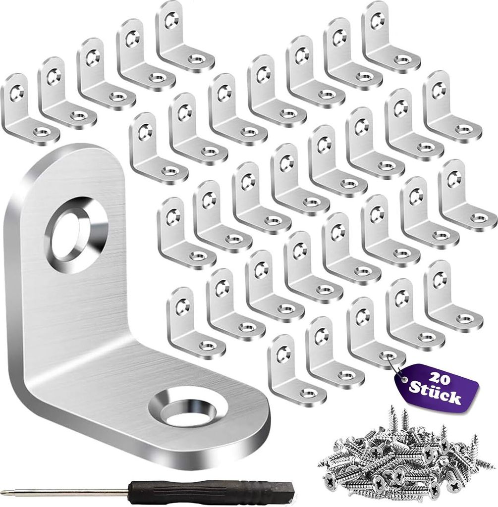 20 Stück Winkelverbinder, 30 x 30 mm Metallwinkel 90 Grad mit 40 Stück Schrauben und Schraubendreher für Winkel Bracket Möbel Tische Stühle