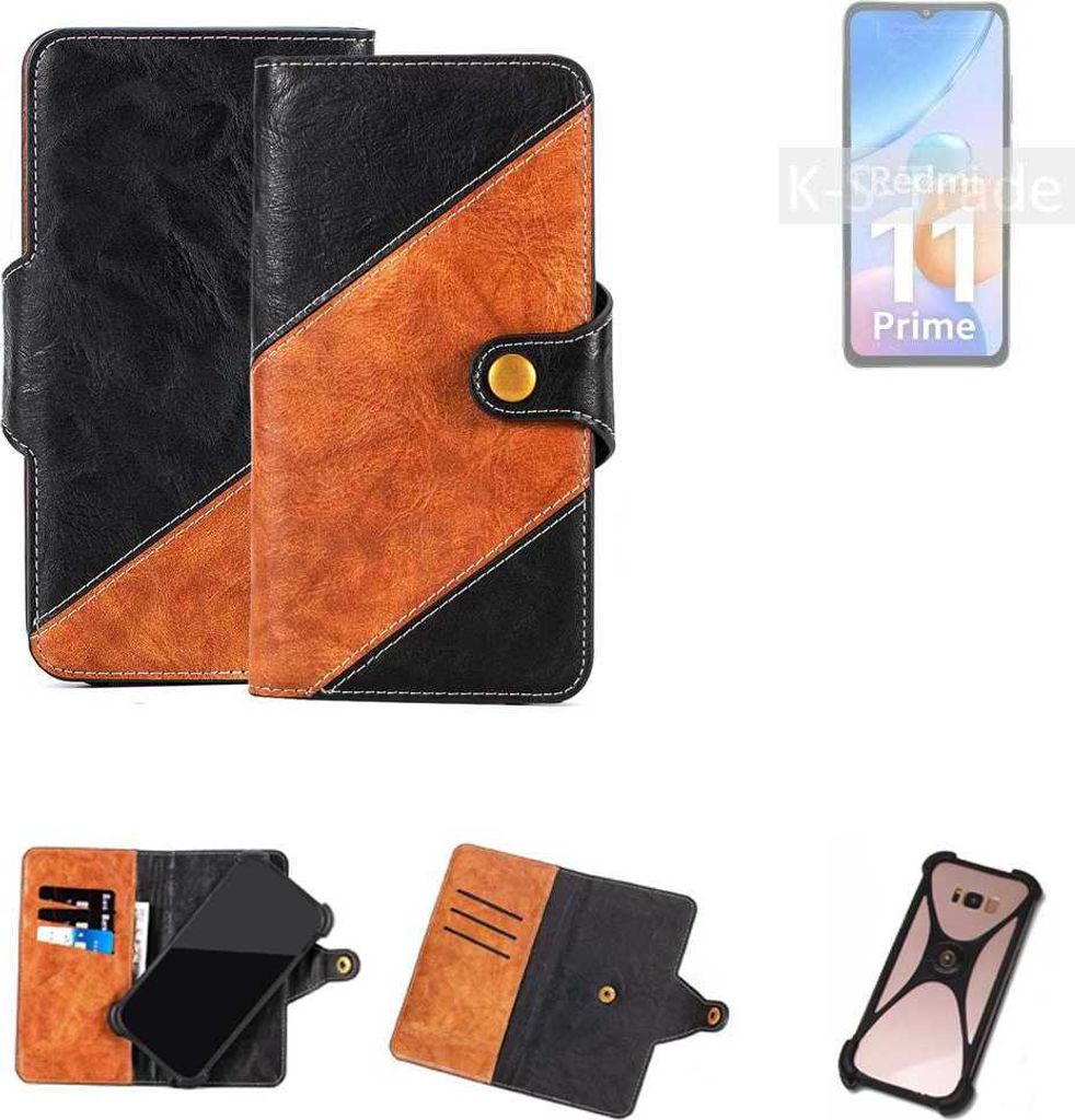 K-S-Trade Handyhülle Schutzhülle Bookstyle Case Wallet-Case kompatibel mit Xiaomi Redmi 11 Prime Handy Cover Bumper Klapphülle schwarz hellbraun 1x