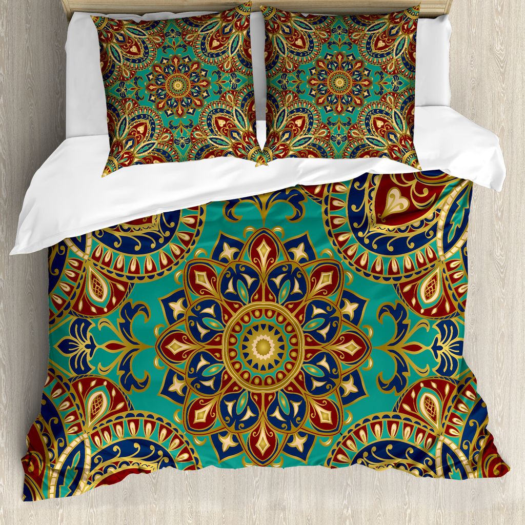 ABAKUHAUS Mandala Bettbezugs Set Für Doppelbetten, Orientalische Arabeske, Milbensicher Allergiker geeignet mit Kissenbezügen, rot grün blau
