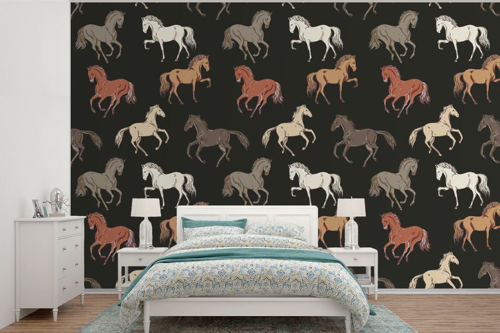 MuchoWow Fototapete für Wohnzimmer oder Schlafzimmer Wandtapete Vinyl Motivtapete Pferde - Weiß - Braun - Mädchen - Kinder - Mädchen - 525x35...