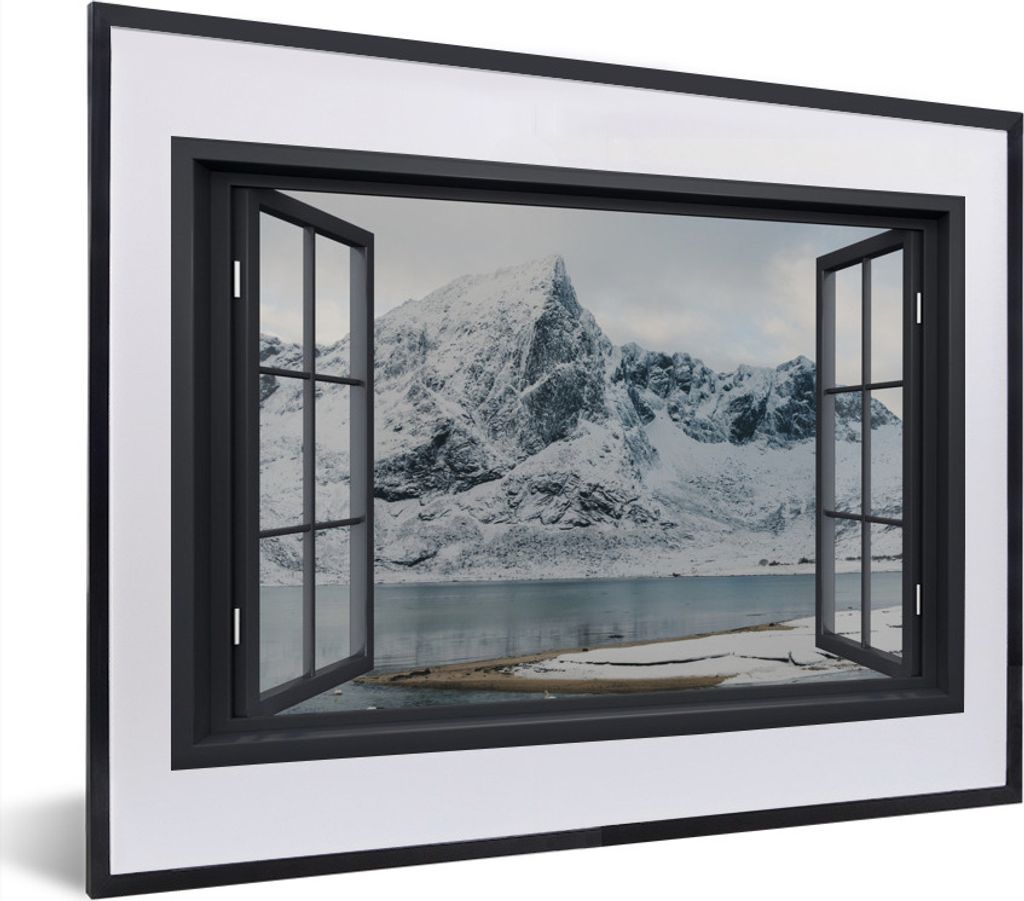 MuchoWow MuchoWow Gerahmtes Poster Aussicht - Winter - Berg 40x30 cm - Poster mit zchwarzem Bilderrahmen - Bilderrahmen - Poster im Rahmen