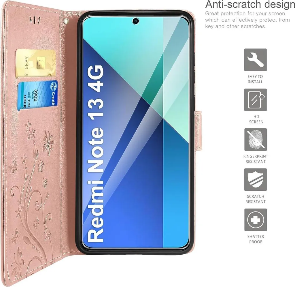 HAOYE Cover Per Xiaomi Redmi Note 13 4G - Custodia Flip Con Chiusura Magnetica, Mandala Oro Rosa - 2