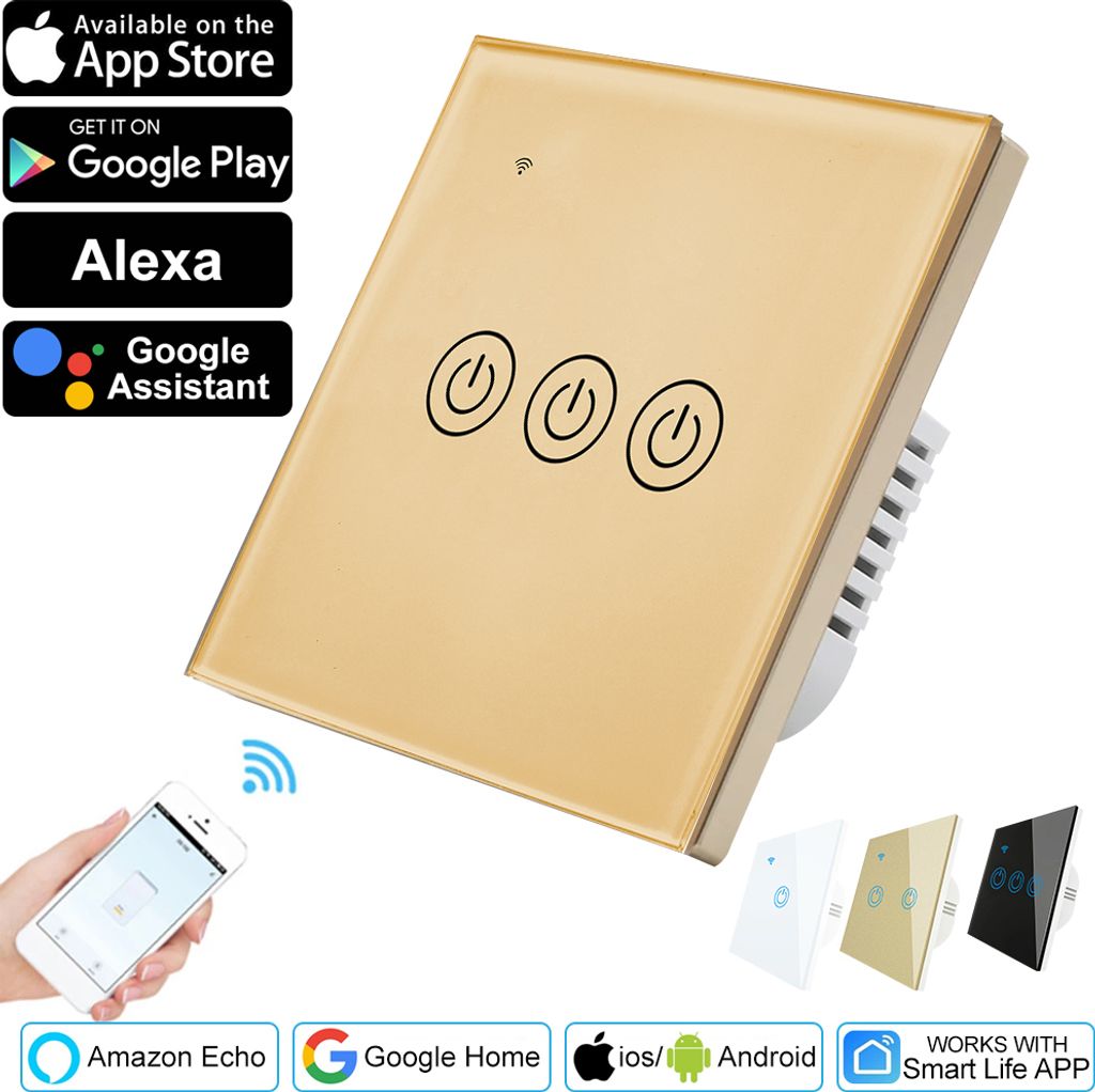 Tuya Smart Wifi Touch Lichtschalter Wandschalter Touchscreen Alexa Google Steuern Schalter, 3-Gang Gold