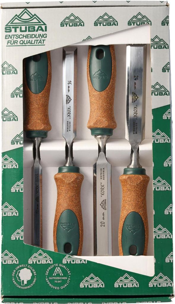 Stemmeisensatz Korkheft, 4-teiliges Set (12,16,20,24mm) Stemmeisen mit rutschfestem Korkgriff aus nachhaltiger Herstellung, STUBAI Stechbeitel zur ...