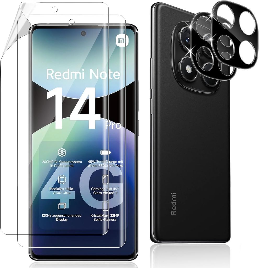 CLM-Tech 4er Set Schutzfolie kompatibel mit Xiaomi Redmi Note 14 Pro 4G - 2X Wechfolie + 2X Kameraschutz Kameraglas Panzerglas Displayschutz 9H Gla...