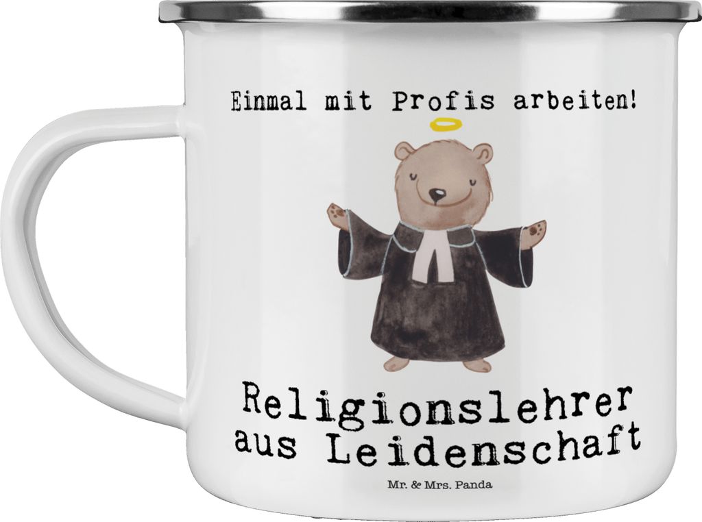 Mr. & Mrs. Panda Pott Religionslehrer Leidenschaft - Weiß - Geschenk, Kaffeepott, Blechtasse, becher emaille, Witzig, Lustig, Teetasse, Grundschul...