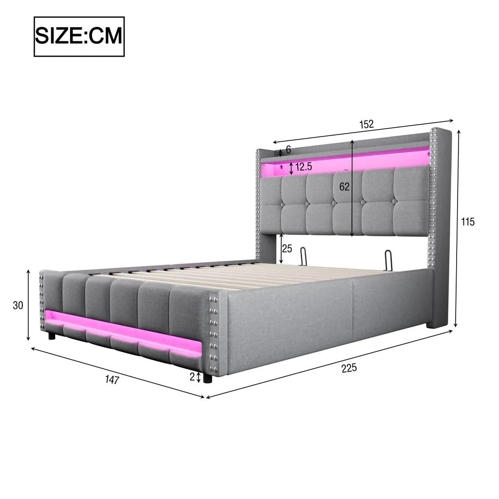Abrihome Lit Rembourré 140x200cm Gris avec LED et Prise USB Intégrée