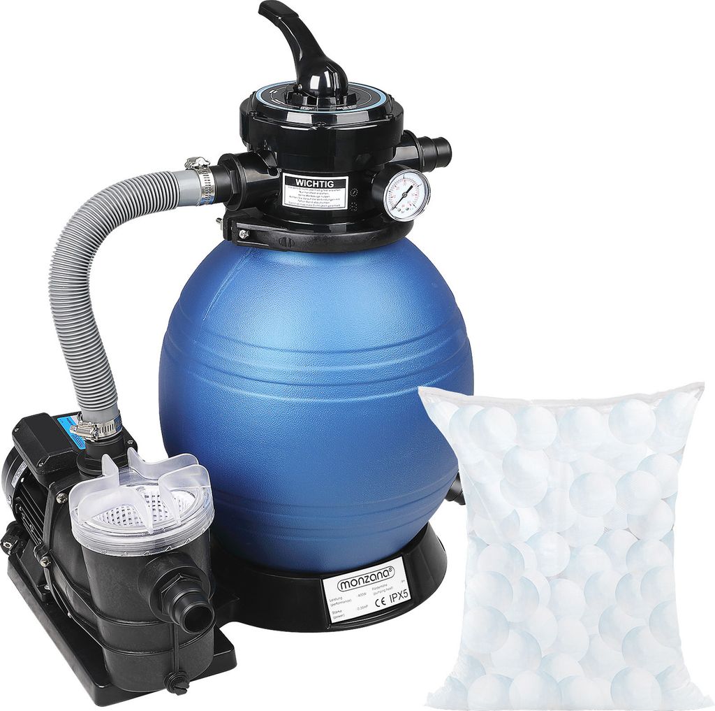 MONZANA Sandfilteranlage 9.600 L/h Vorfilter 25 Liter Tank 7 Wege Ventil inkl. 1000g Filterbälle Sandfilter Filteranlage
