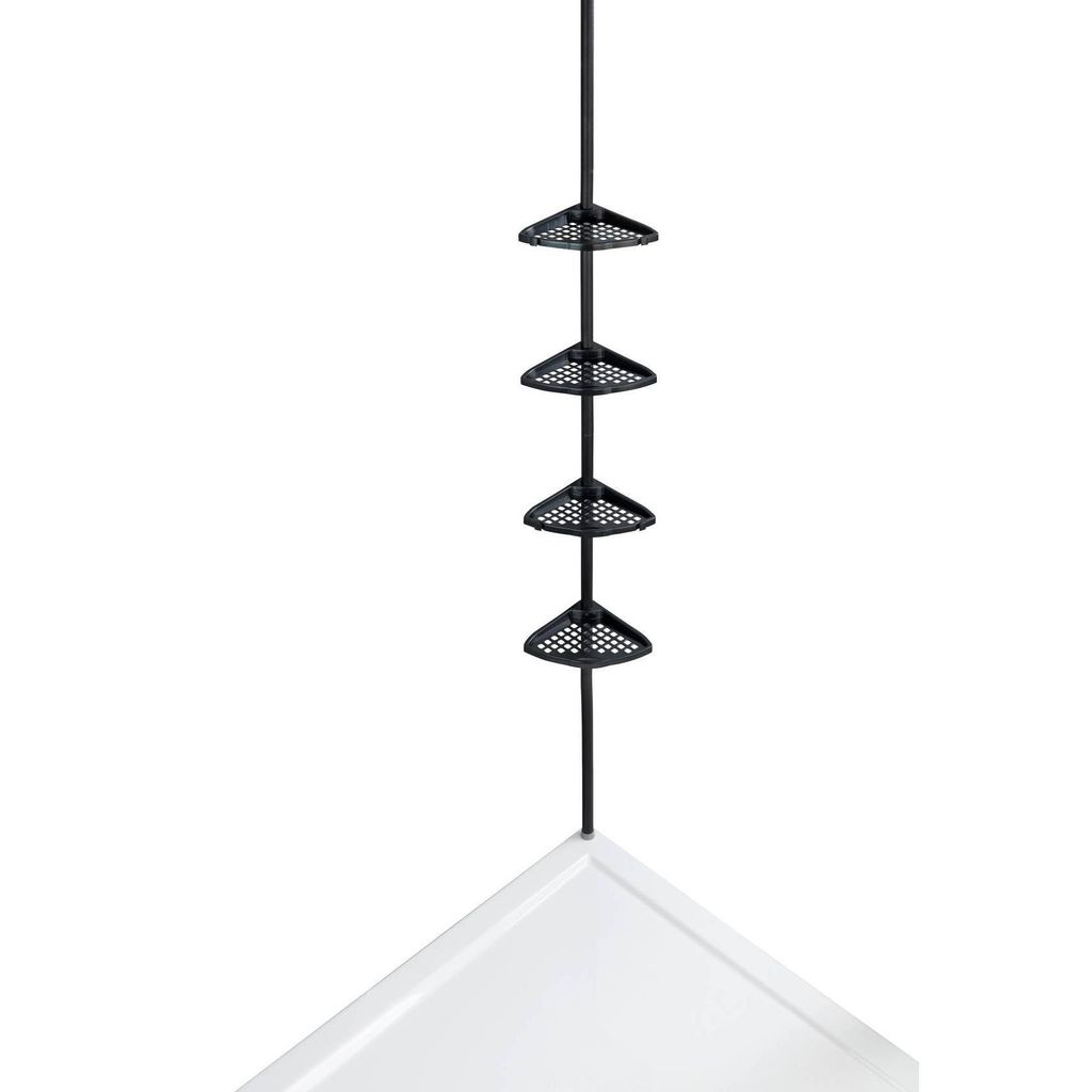 A black telescopic shelf unit with four triangular shelves is suspended against a white background, with the top of a white surface visible at the bottom.