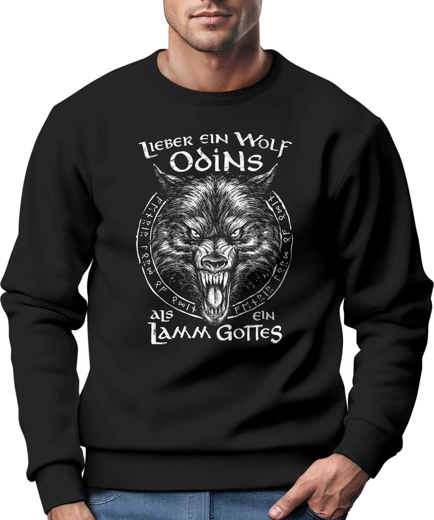Sweatshirt Herren Spruch Lieber ein Wolf Odins als ein Lamm Gottes Wikinger nordische Mythologie Rundhals-Pullover Neverless schwarz XS