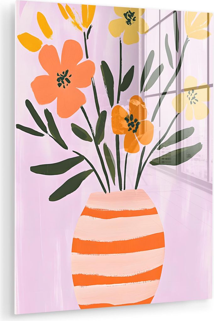 MuchoWow Glasbilder - Bilder auf Wandbild - Foto auf Glas Vase - Gestreift - Blumen - Orange 60x80 cm Wanddekoration aus Glas - Acrylglasbild - Acr...
