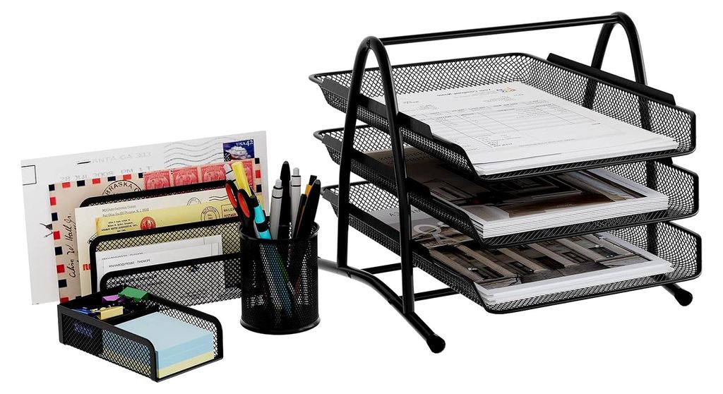 Metall Büro Schreibtisch Organizer 4er-Set, 3 Fächer A4 Dokumentenhalter, Aktenablage, Zeitschriftenhalter, Briefablage, Papierorganisator, Stift...