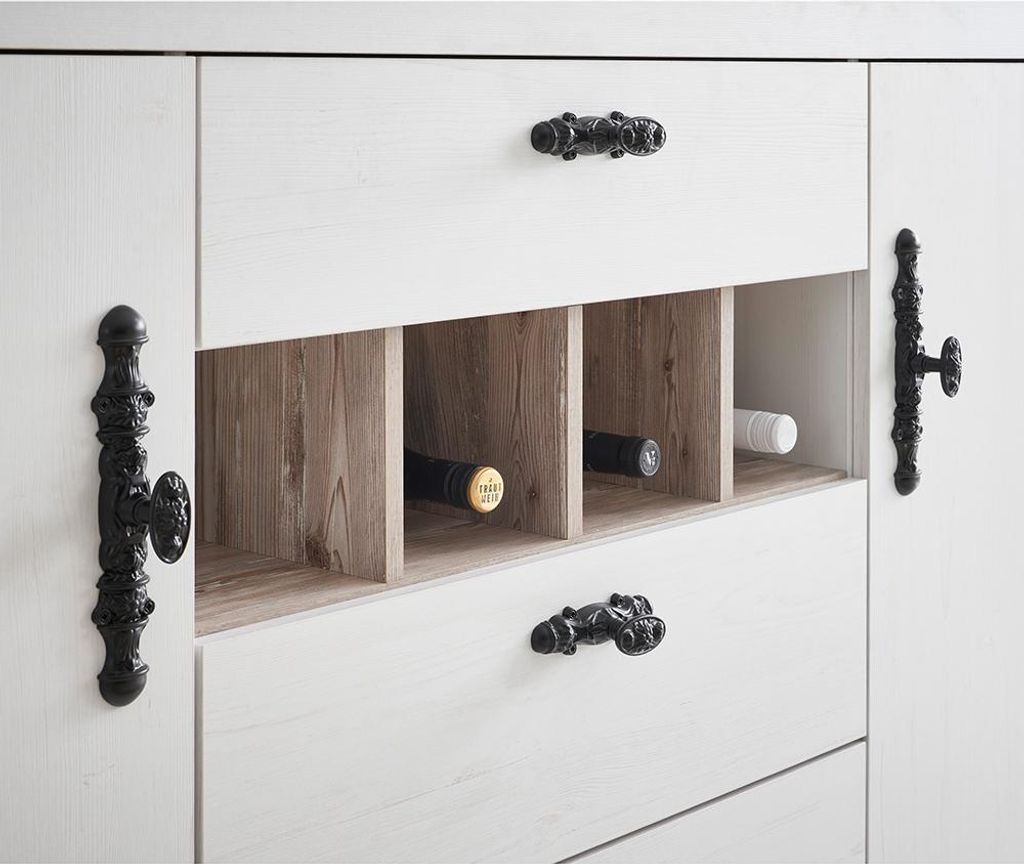 Küchen Spülenschrank 202 cm breit in Pinie weiß Nb. mit Absetzungen in Pinie dunkel Nb., 4 Flaschenfächer - FERNA-61