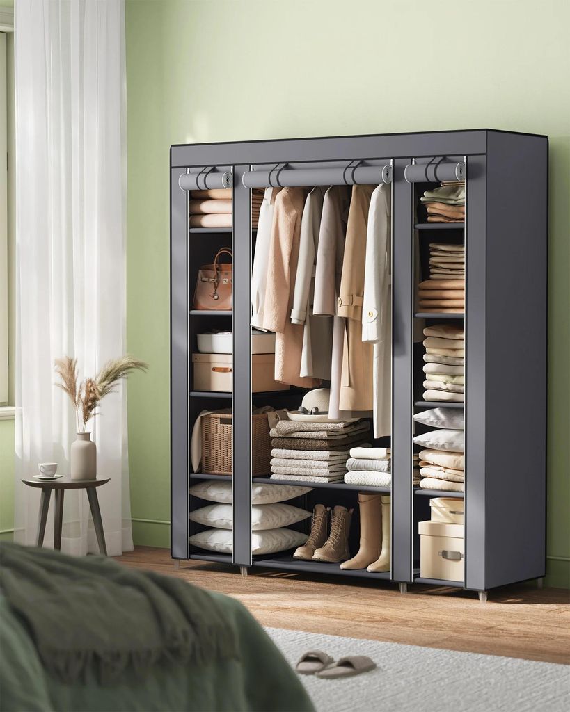 Stoffkleiderschrank - Kleiderschrank - Mit Kleiderstange und Ablagen - Stabiler Rahmen - Für Schlafzimmer & Ankleidezimmer - Grau