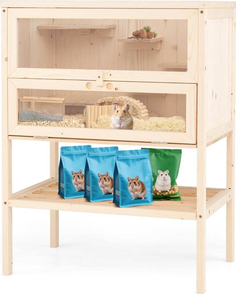 GOPLUS Hamsterkäfig Holz, Kleintierstall mit klappbarem Gitterdach, abschließbare Acryl-Tür, Leiter & Rampen, Kleintierhaus für Hamster (60x40x...