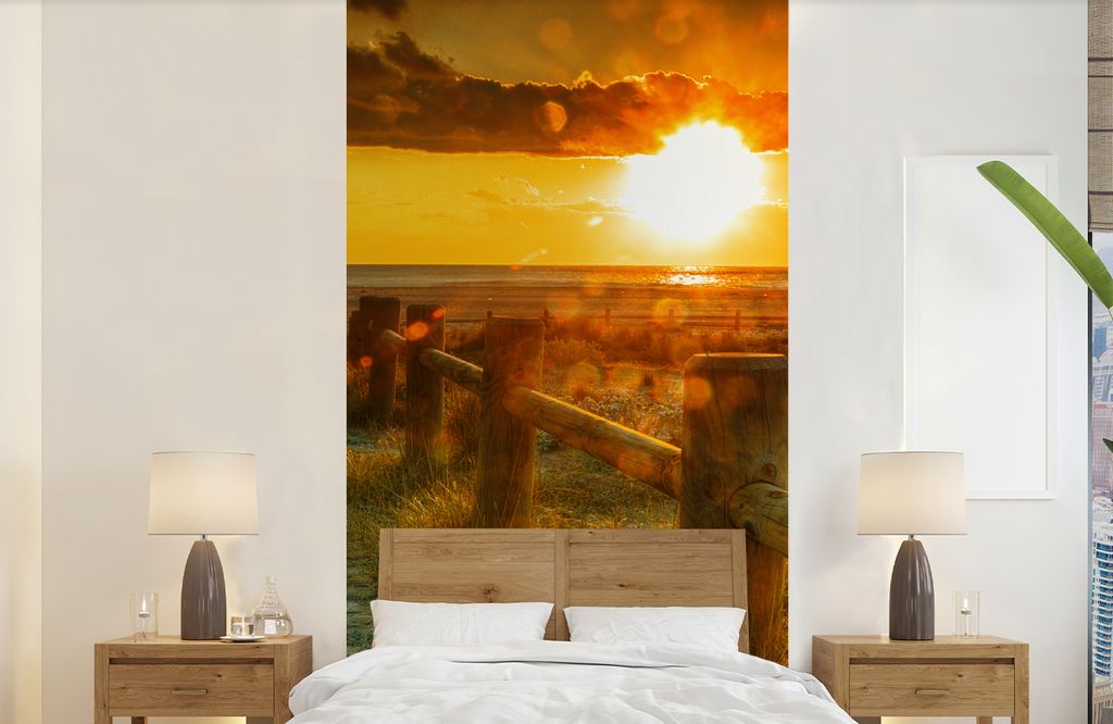 MuchoWow Fototapete für Wohnzimmer oder Schlafzimmer Wandtapete Vinyl Motivtapete Sonne - Strand - Düne - Horizont - Gras - Weg - Orange - 120x...