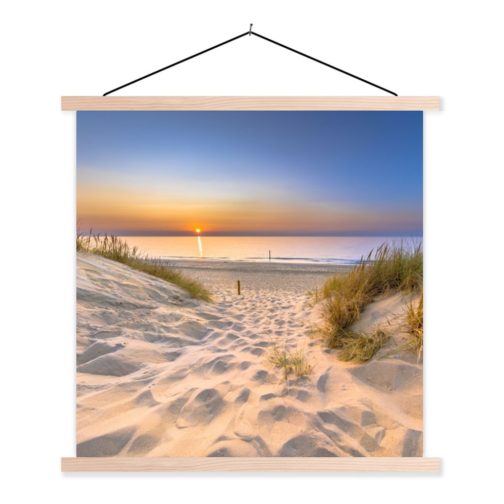 MuchoWow Textilposter Düne - Sonnenuntergang - Horizont - Strand - Gras 40x40 cm mit holzfarbenen Rahmen - Posterleiste