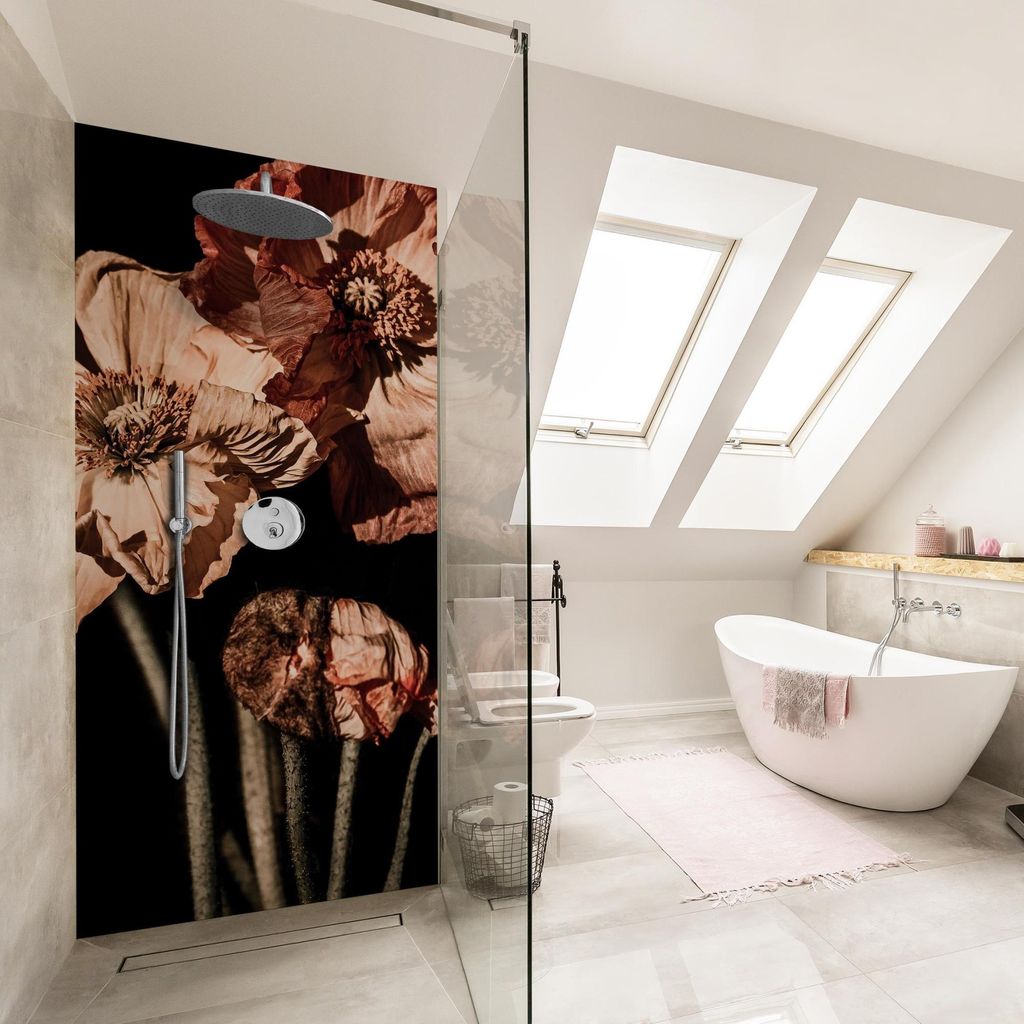 Duschrückwand Blumen selbstklebend - 0.61 mm Wandpaneel wasserfest Design schwarz Motiv Badrückwand fugenlos Premium matt 110x210 cm