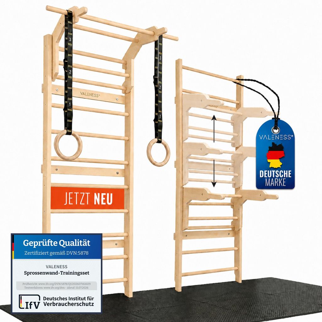 VALENESS® NEU Sprossenwand aus Holz mit Klimmzugstange, Produktbild 