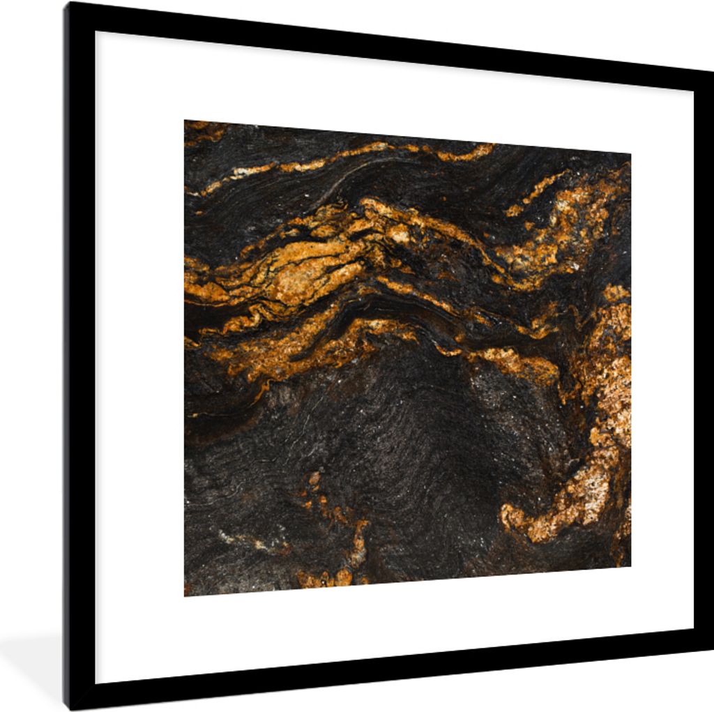 MuchoWow Gerahmtes Poster Marmor - Limette - Schwarz - Gold - Marmoroptik - Luxus 40x40 cm - Poster mit Schwarzem Bilderrahmen Wandposter Rahmen ...