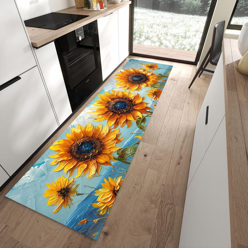 Küchenteppich 80x280cm rutschfest & abwischbar PVC Läufer - Sonnenblumenwiese