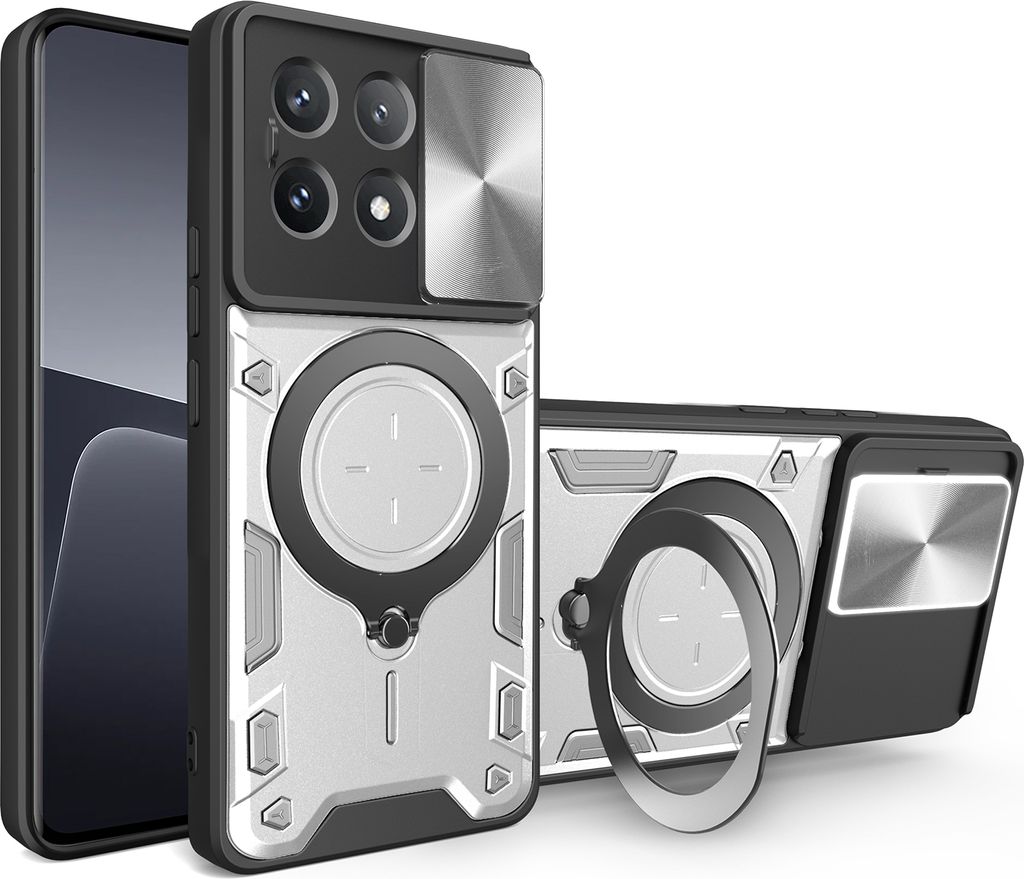 Handyhülle für Xiaomi Poco X6 Pro/Redmi K70E Dual-Layer Stoßfest Rüstung Hülle mit Dia Kameraschutz und Kreisförmig Ring Ständer Silber