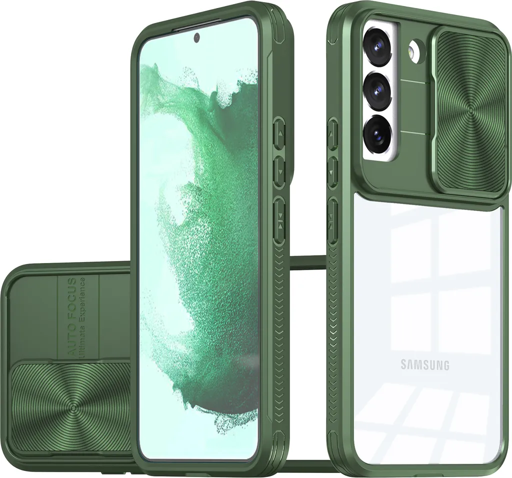Custodia per Samsung Galaxy S21 FE Custodia ibrida in TPU trasparente con copertura scorrevole della fotocamera verde