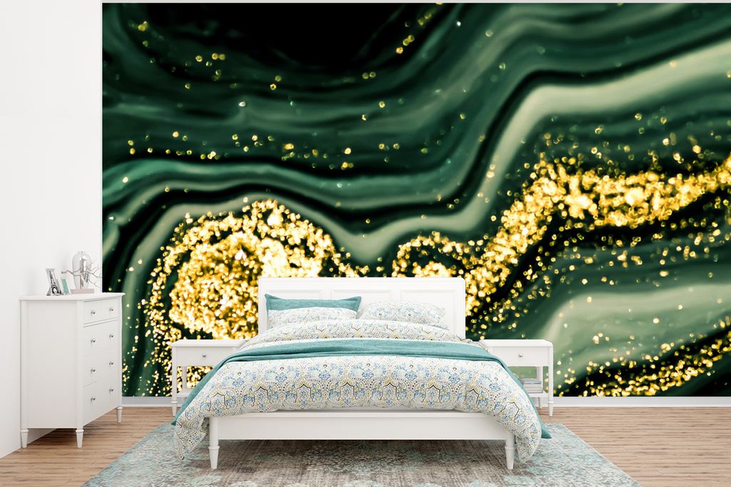 MuchoWow Fototapete für Wohnzimmer oder Schlafzimmer Wandtapete Vinyl Motivtapete Marmor - Gold - Glitter - Grün - Marmoroptik - Luxus - 320x24...