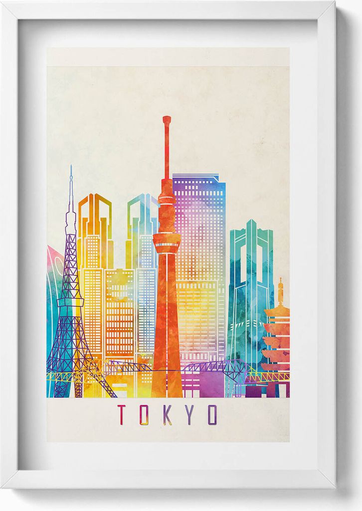 Bunte Illustration der Stadt Tokio in Japan– Wandbild mit Rahmen – Gerahmtes Bild – Wanddekoration – 40x60 cm – Weiß