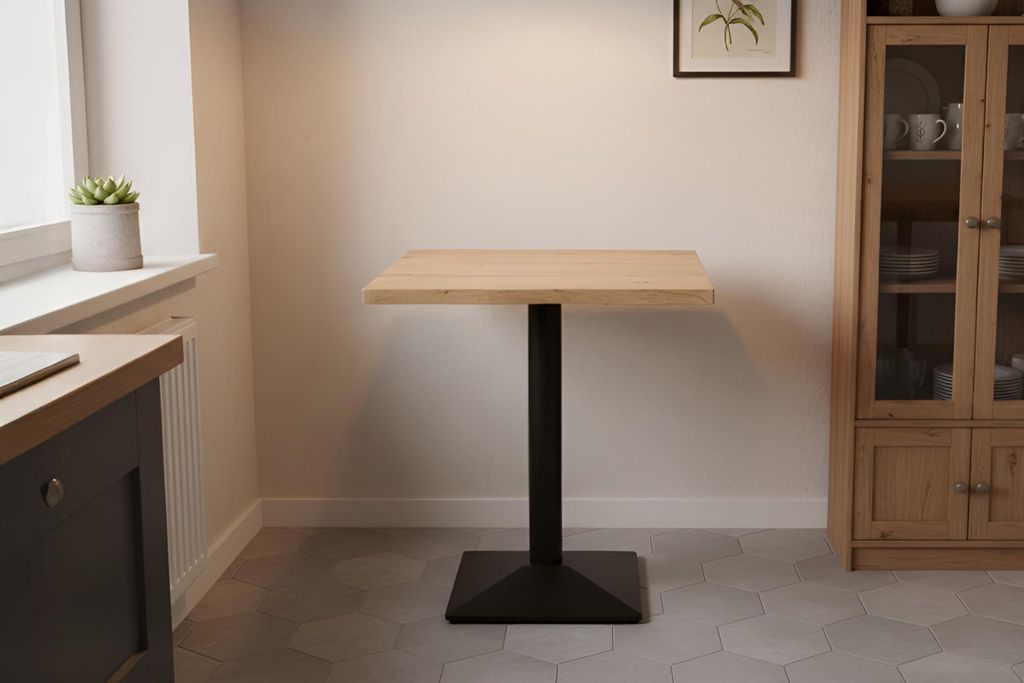 Bistrotisch Joan | 70 x 70 cm eckig | Holz | Farbe: Eiche | Baumkante | schwarzes eckiges Säulengestell aus Metall | Säulentisch/Esstisch für K...