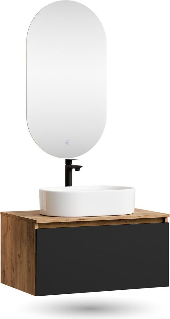 Planetmöbel ARISA Badmöbel Set in Schwarz - Mit LED Spiegel und weißem Keramik-Aufsatzwaschbecken 55 cm