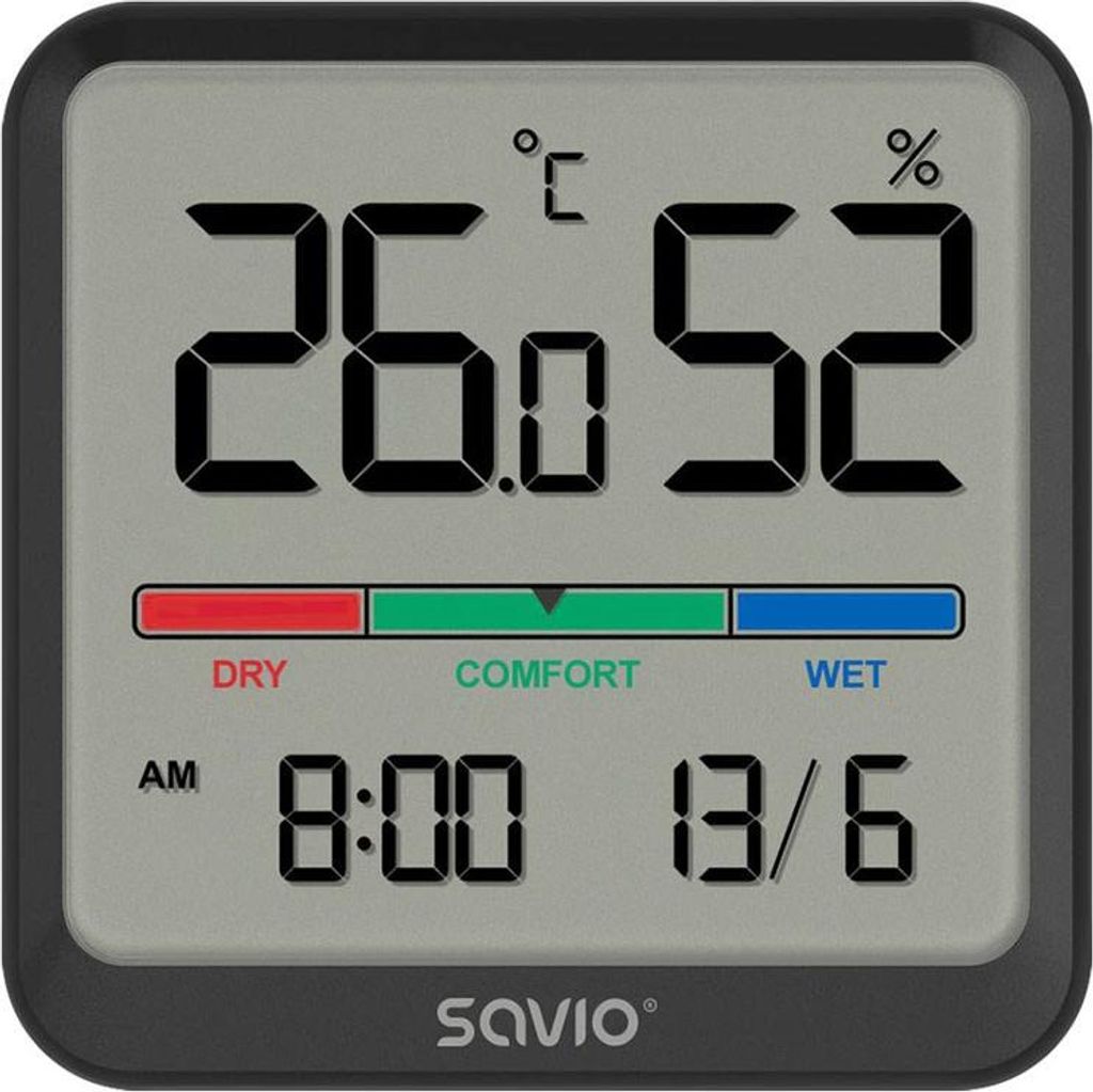 SAVIO Drahtlose Wetterstation. Temperatur- und Feuchtigkeitssensor. Für den Innenbereich. LCD-Display. Uhr. Datumsanzeige. Tragegriff mit Magnet. ...
