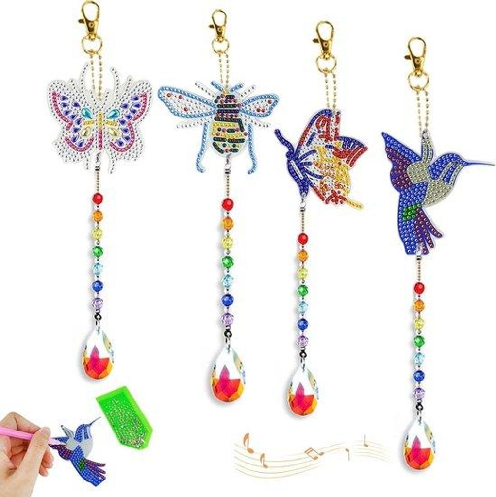 Kunstvogel-Windspiel mit Edelstein-Stickern - Schmetterling/Blumen/Bienen-Motiv - Bastelkiste für klare Edelglass-Armbänder - Unterhaltsames und ...