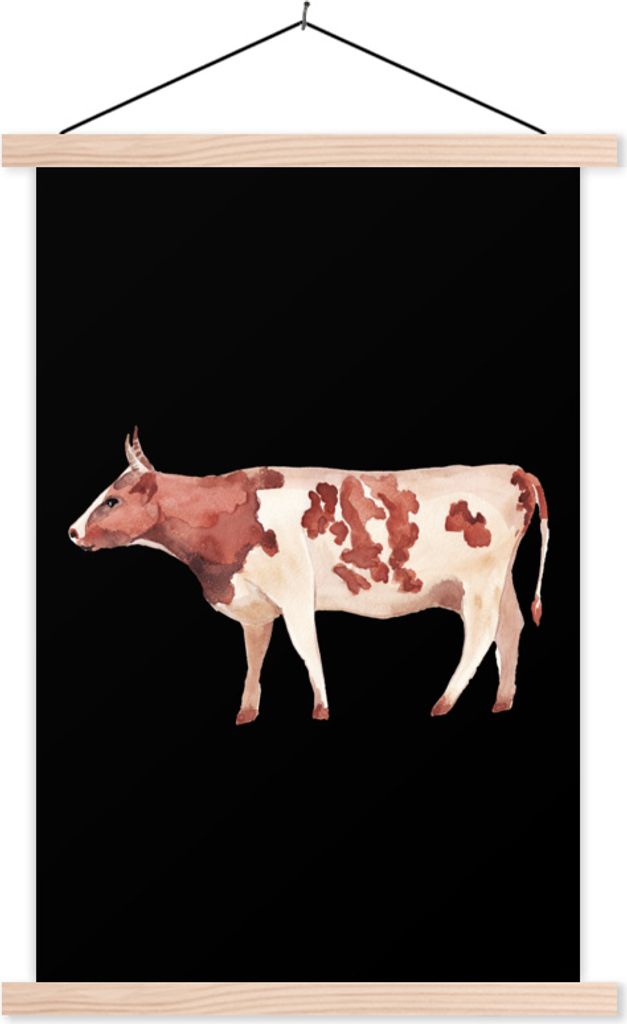 MuchoWow Textilposter Kuh - Illustration - Braun 120x180 cm mit holzfarbenen Rahmen - Textil-Plakat