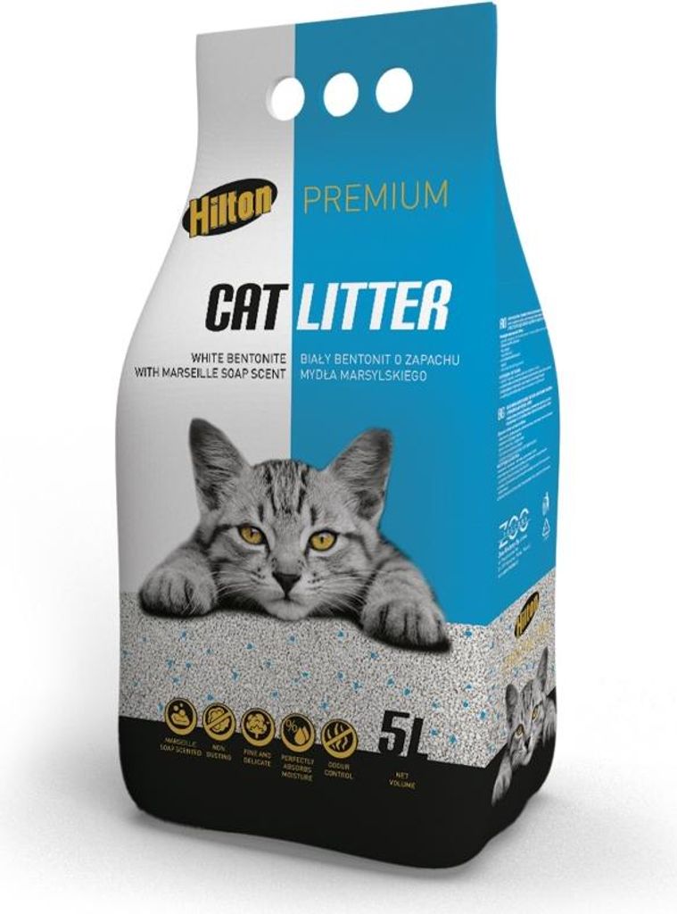 A bag of Hilton cat litter with a cat image on the front.