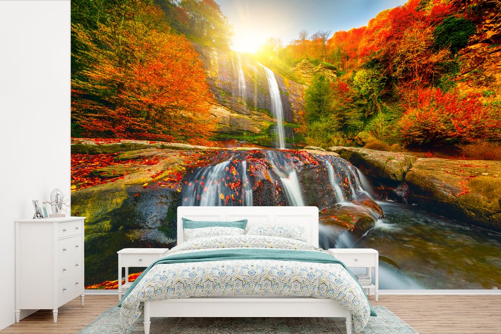 MuchoWow Fototapete für Wohnzimmer oder Schlafzimmer Wandtapete Vinyl Motivtapete Wasserfall - Natur - Herbst - Rot - Wasser - 360x240 cm - Viny...