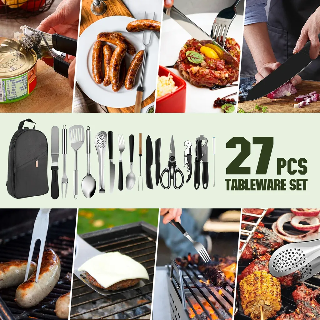 Kit cuisine camping inox 27 pièces : solution gain de place et cuisson saine