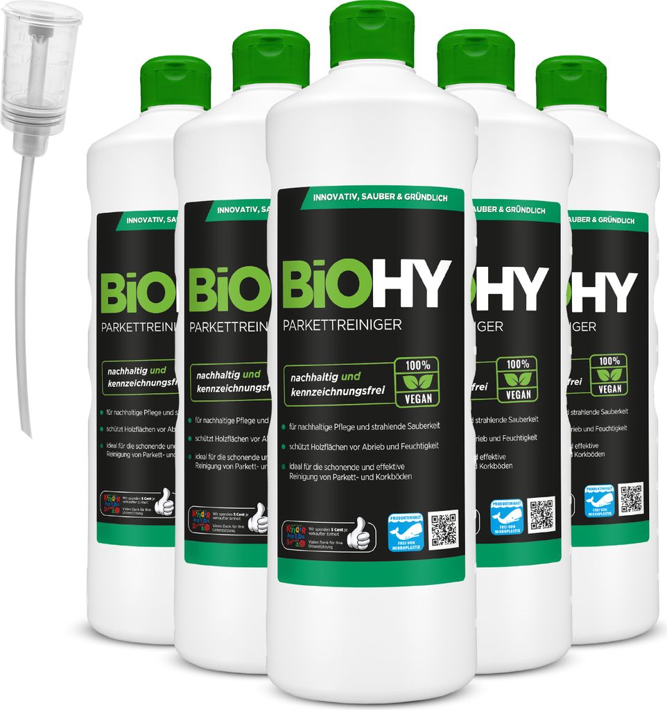 BiOHY Parkettreiniger (6x1l Flasche) + Dosierer | Ideal für versiegeltes Parkett | materialschonend & ohne rückfettende Wirkung | Für eine strei...