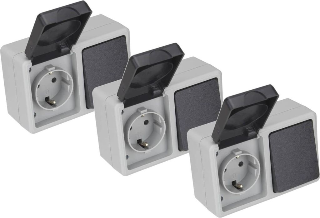 3er Set Feuchtraum Kombination Steckdose Schalter Serie TAFF Aufputz horizontal IP44 grau